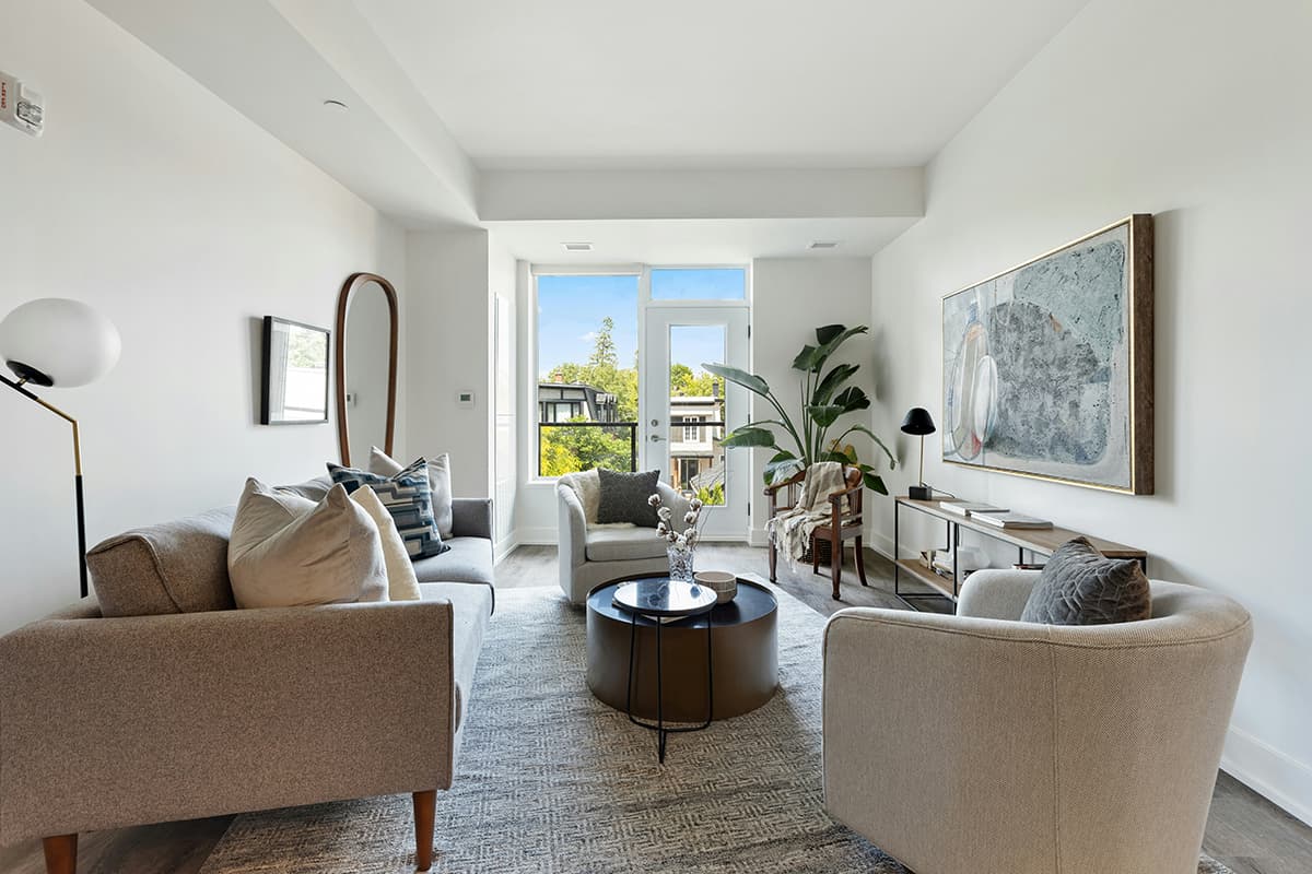 Un salon lumineux avec un canapé blanc et une plante verte, illustrant une décoration d'intérieur réussie