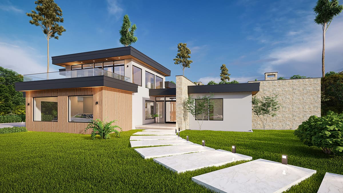 Rendu 3D photoréaliste d'une maison moderne à l'architecture contemporaine