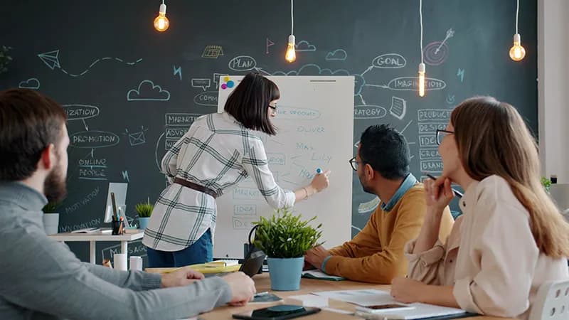 Une équipe collaborant autour d'un tableau blanc dans un bureau pour définir une stratégie