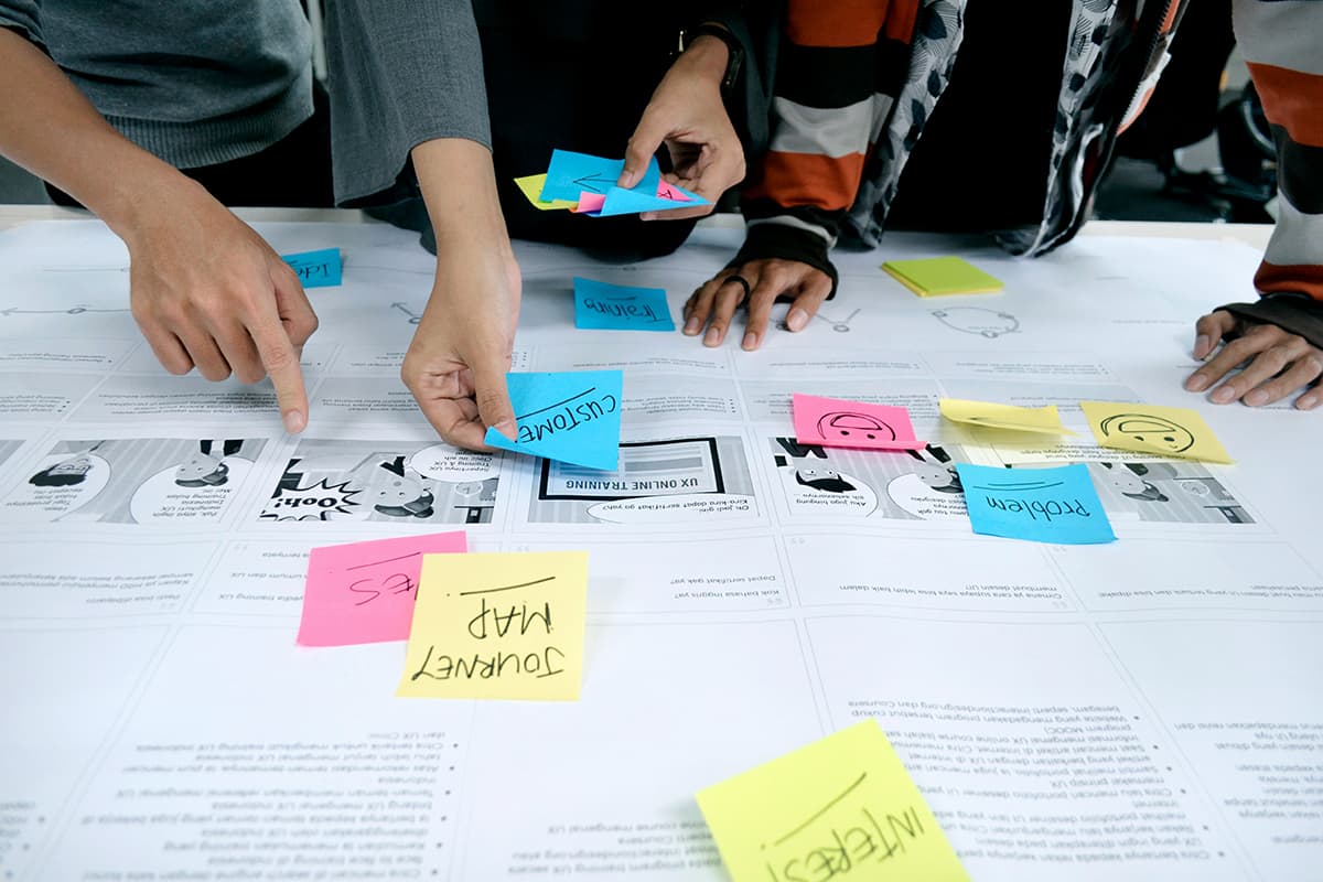 Une équipe collaborant devant un mur rempli de post-its colorés