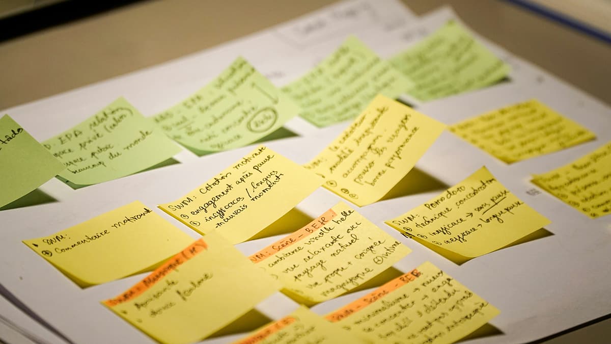 Des post-its remplis de notes manuscrites disposés sur une surface