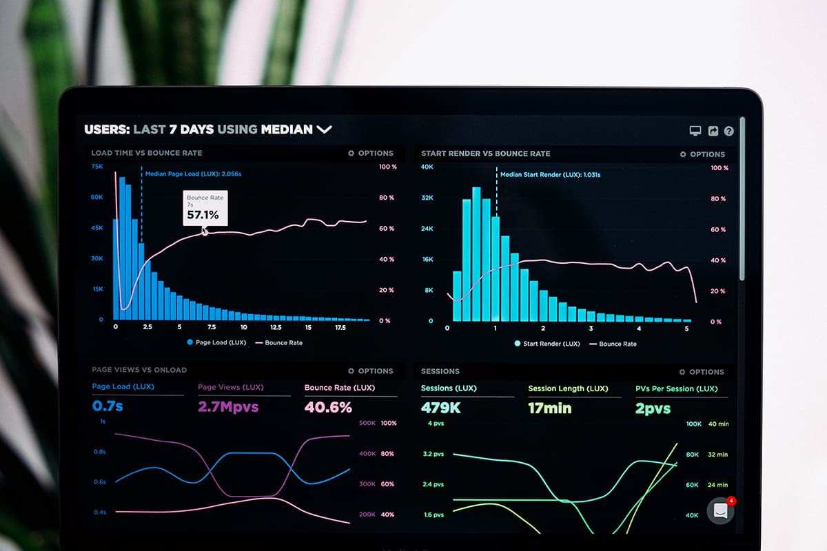 Gros plan sur un écran d'ordinateur affichant des graphiques analytiques lumineux